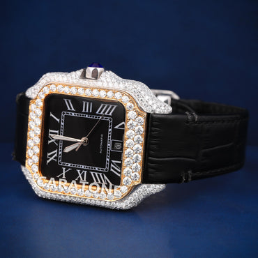 Black leather band hip hop iced out bezel vvs clarity branded watch
