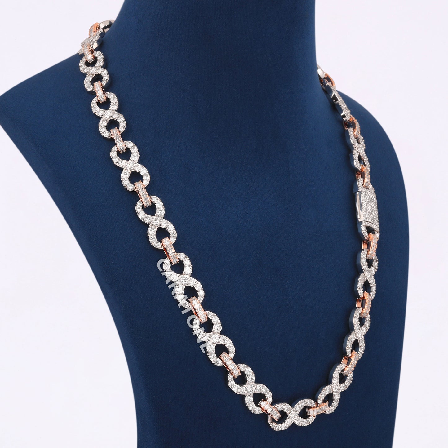 Custom made infinity link necklace baguette and round cut diamond chain