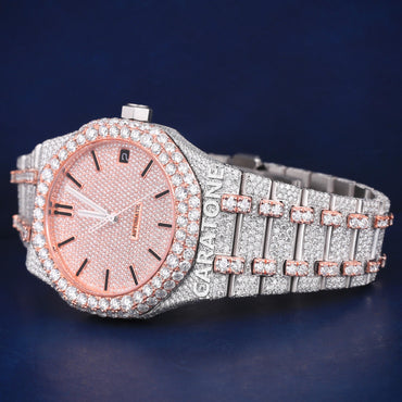 Full iced out hip hop branded watch with two tone and it is of D VVS clarity