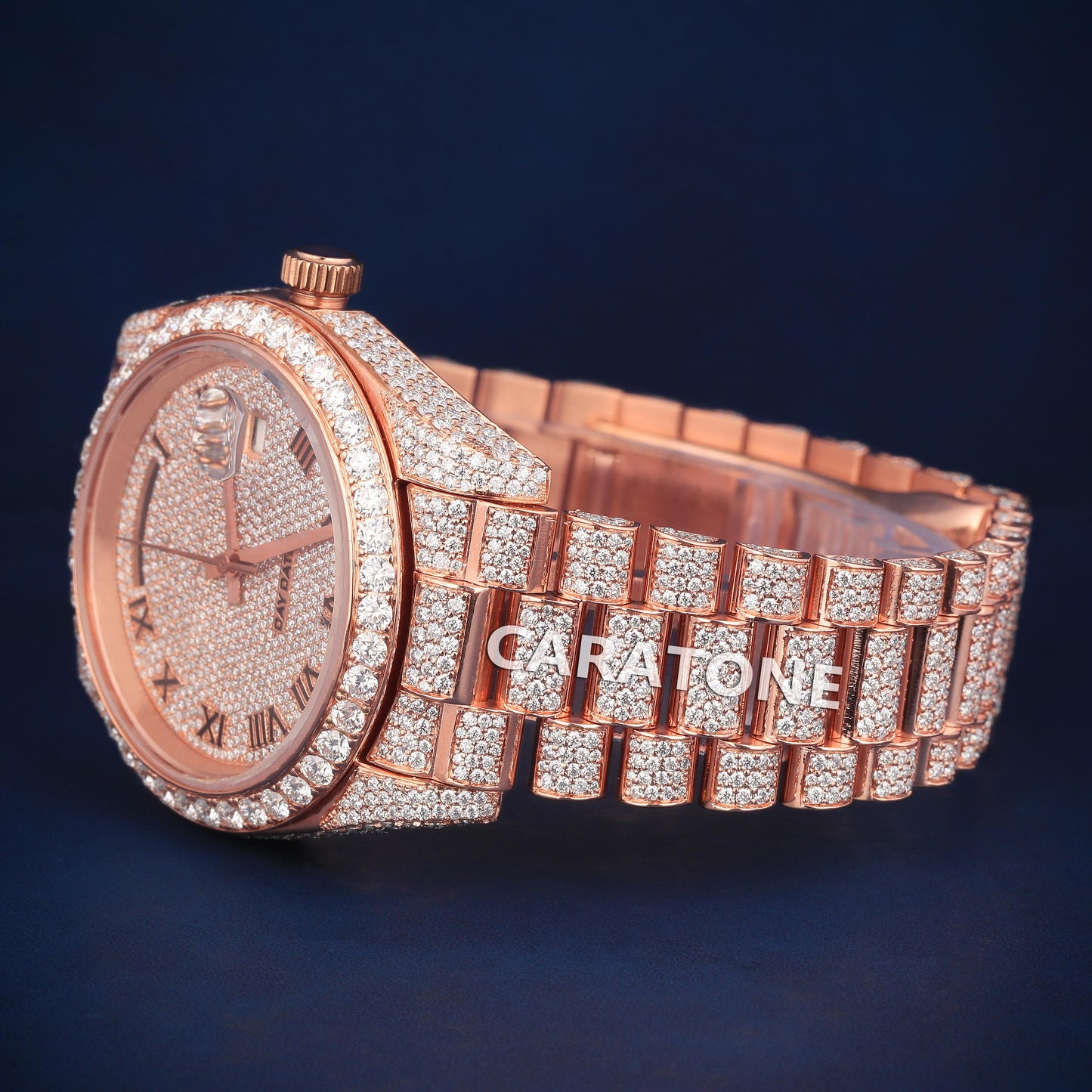 Full Iced out Hip Hop branded watch in Rose gold tone and with diamond tester passed