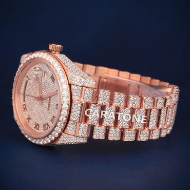 Full Iced out Hip Hop branded watch in Rose gold tone and with diamond tester passed