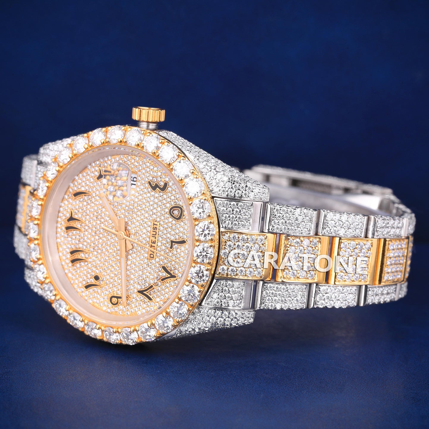 Full iced out hip hop custom made branded watch in two tone with black arabic numerals in it