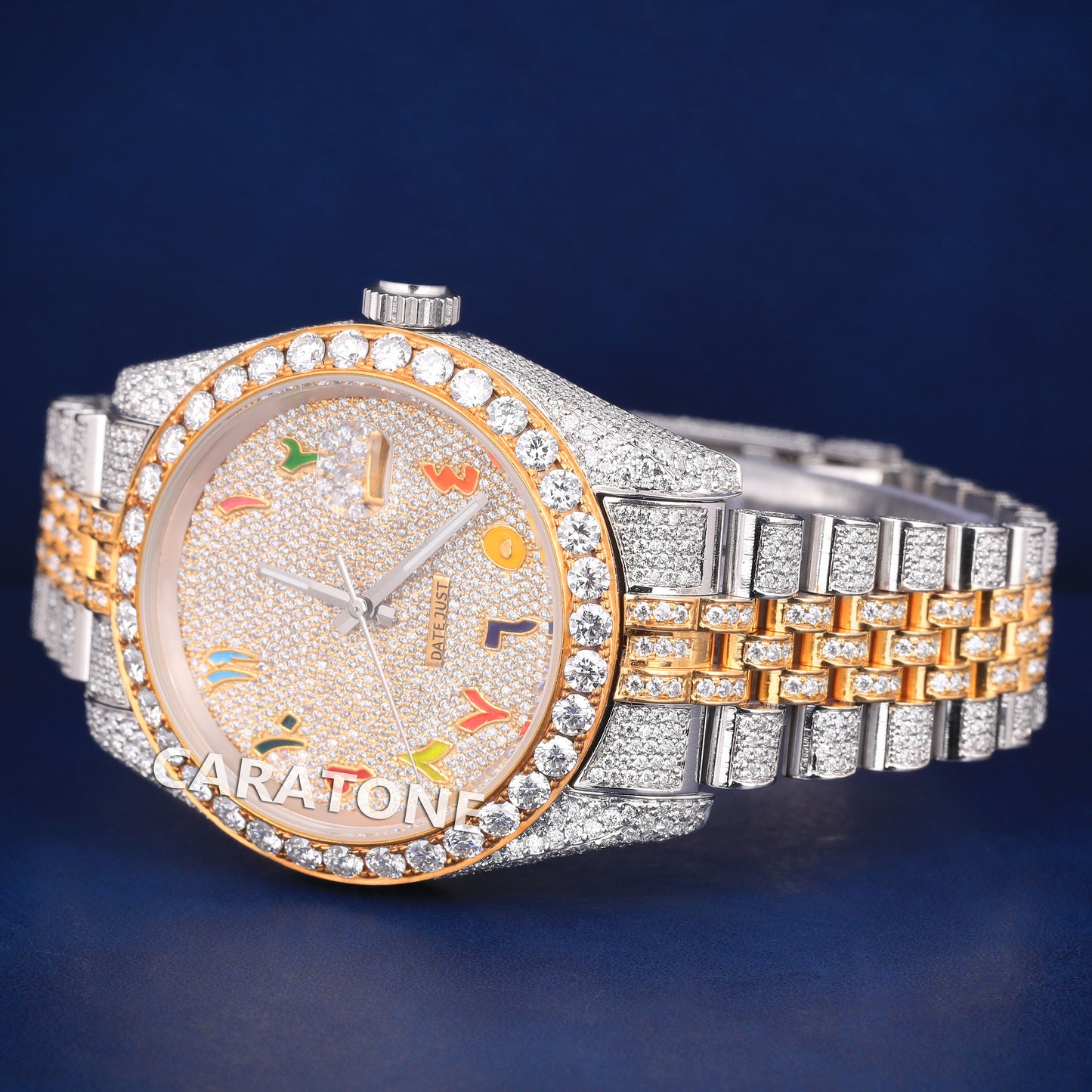 Full iced out hip hop custom made branded watch in two tone with colourful arabic numerals
