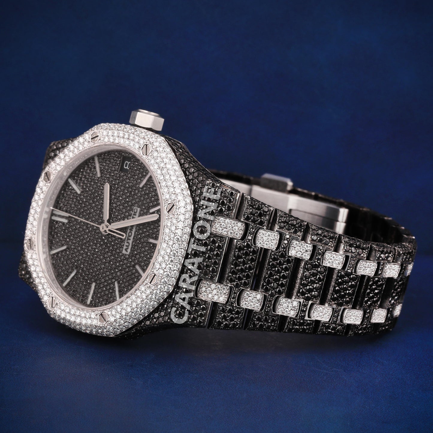 Full iced out Hip hop branded Custom made watch with Black Diamonds