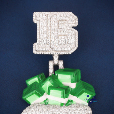 Custom Iced Out Money Bag Hip Hop Pendant with Green Cash Stacks & Lab Grown Diamonds
