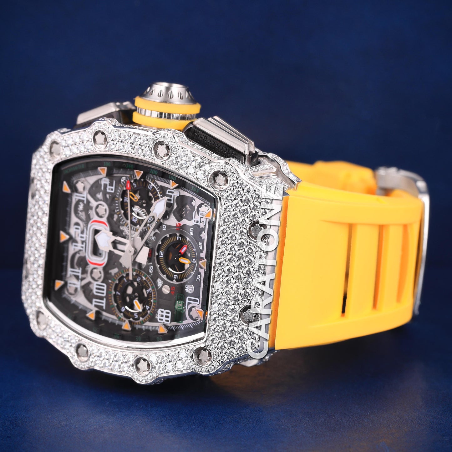Half iced out without dial hip hop branded watch with yellow band with D VVS clarity