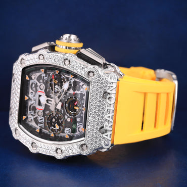 Half iced out without dial hip hop branded watch with yellow band with D VVS clarity