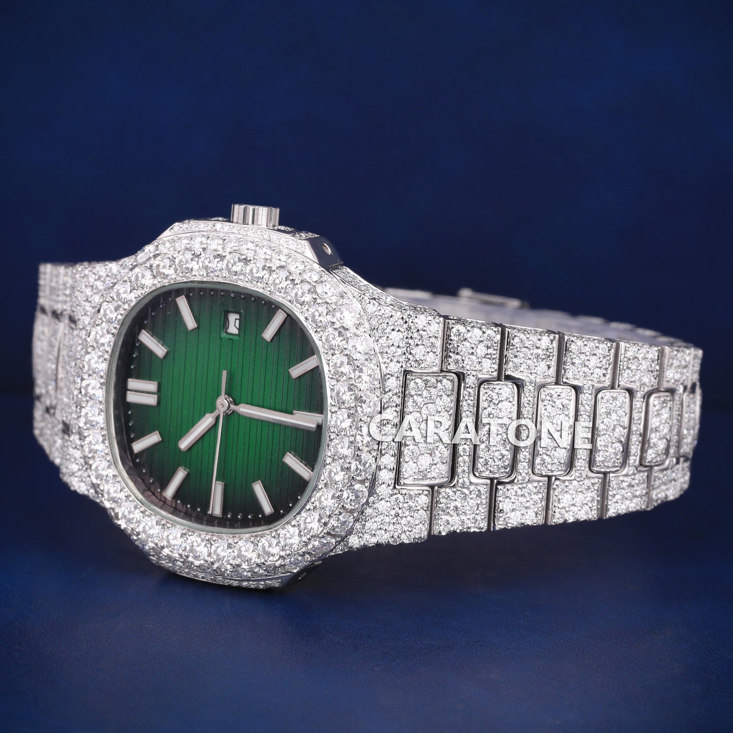 Hip hop full iced out without dial branded watch in white tone with green dial