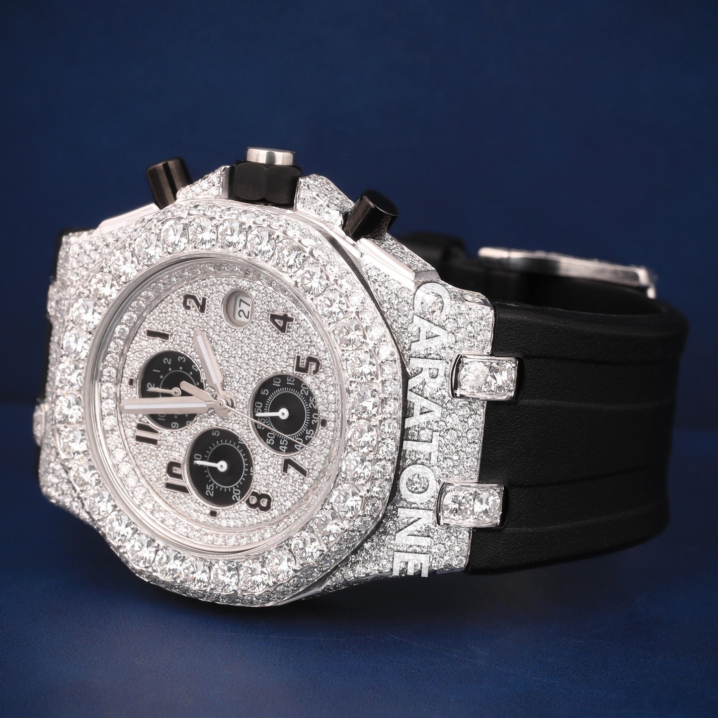 Half iced out Hip hop branded watch with Black band in it with D VVS clarity