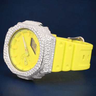 Half iced out without dial Hip hop branded watch with Yellow band and Diamond tester passed (Copy)