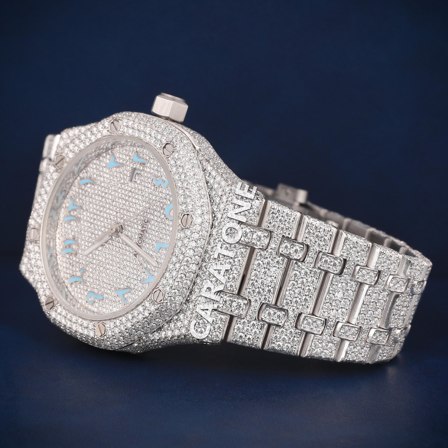 Full iced out Hip hop branded watch in white tone with sky blue Arabic numerals D VVS clarity