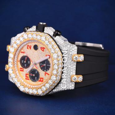 Two tone half iced out hip hop custom made watch with black band