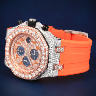 Hip hop half iced out with orange band branded watch with Arabic numerals in it
