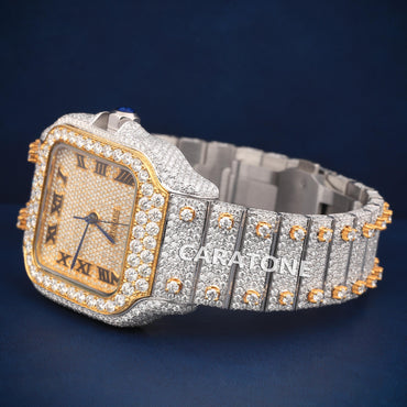 Hip hop two tone branded watch with Roman numerals and full iced out