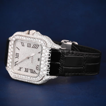 Half iced out with dial Hip hop branded watch with Black leather band and  D VVS clarity