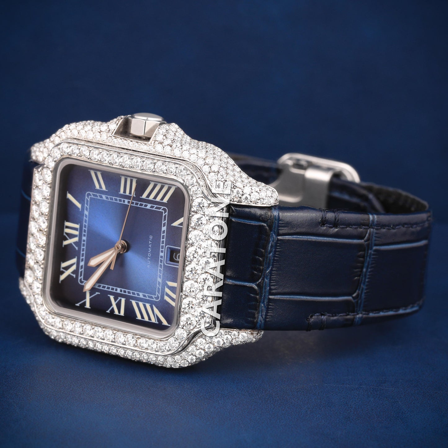 Half iced out without dial Hip hop branded watch with Black leather band