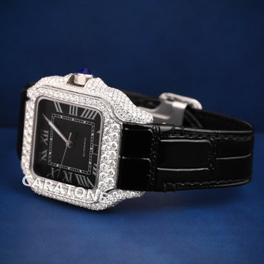 Half iced out without dial with Black leather band branded watch