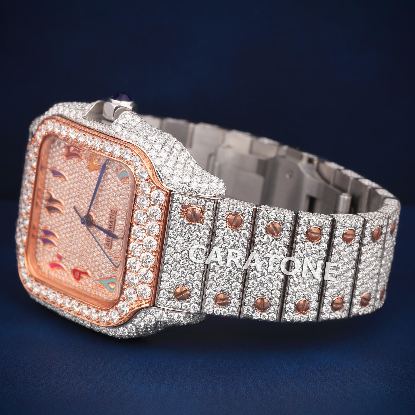 Full Iced out Hip Hop two tone with Arabic numerals with Diamond tester passed