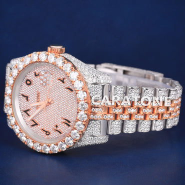 Luxury Fully Customized Watches Two Tone Arabic Dial Hiphop Watches Silver and Rose Iced Out Diamond Mens Watches