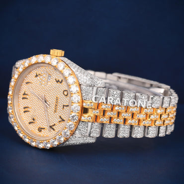 Full iced out Hip hop branded watch in two tone with Arabic numerals and Diamond tester passed