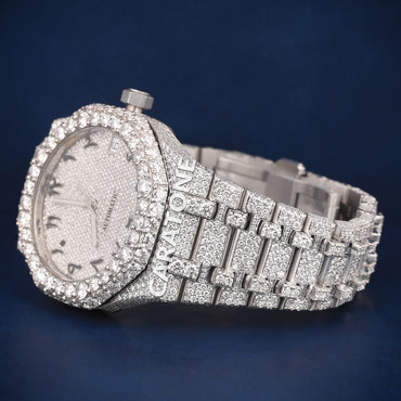 Full iced out Hip hop branded watch with Arabic numerals in it with diamond tester passed