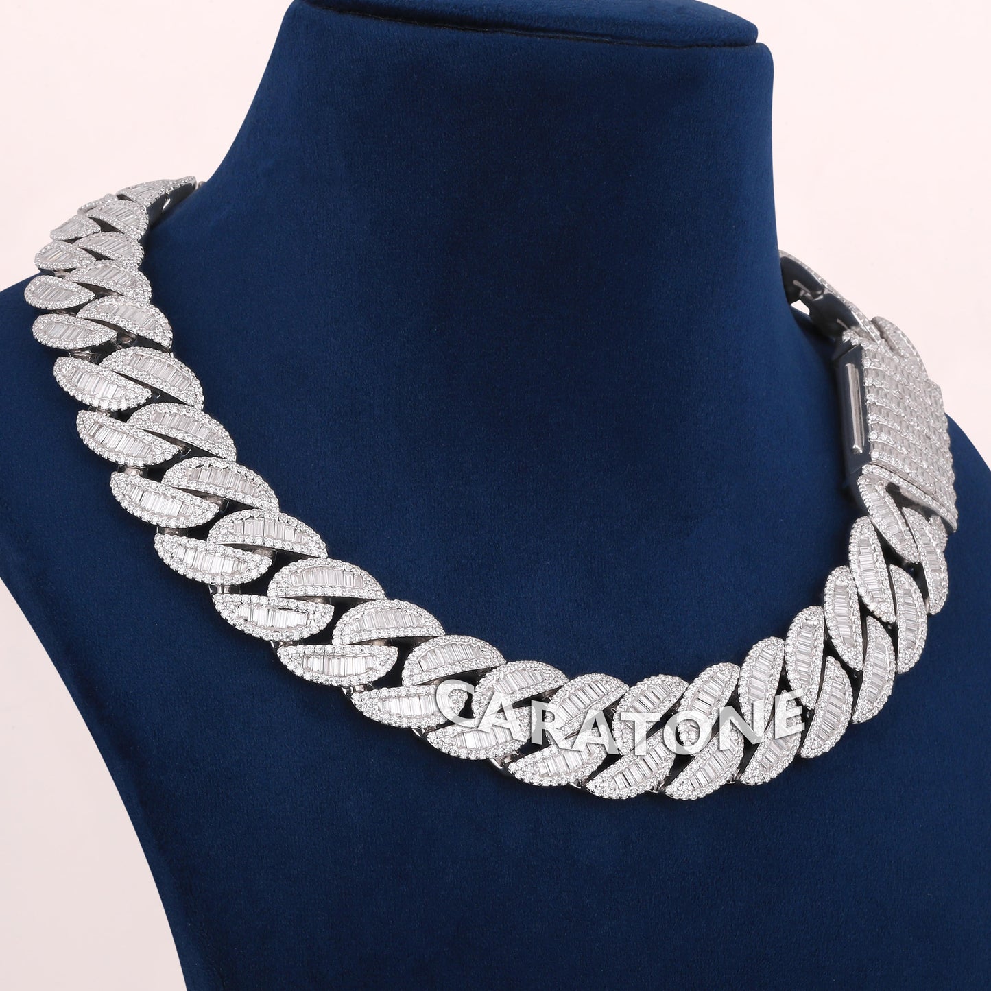 18 inch 20 mm baguette diamond Cuban chain in white gold with fully iced box clasp