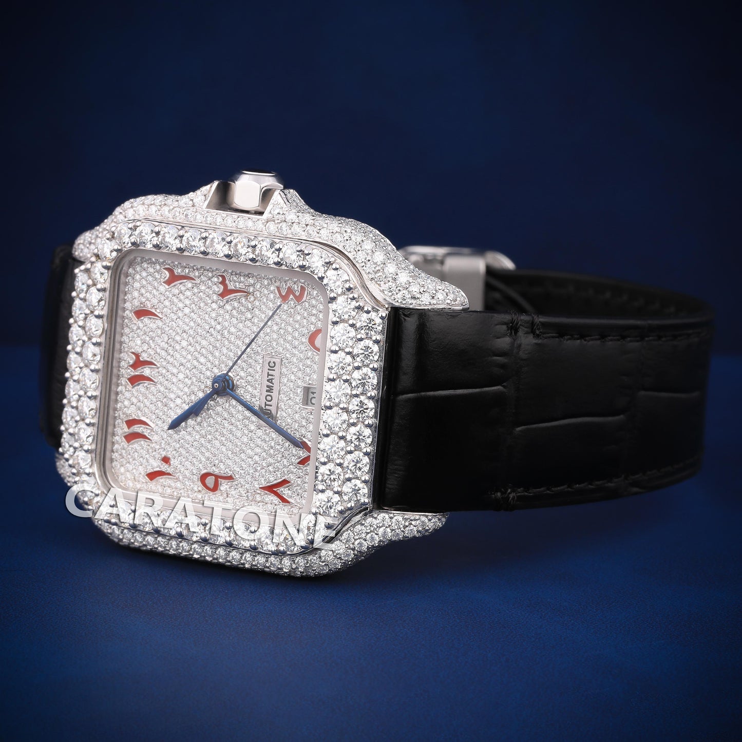 Hip hop custom made black leather strap with half iced out watch