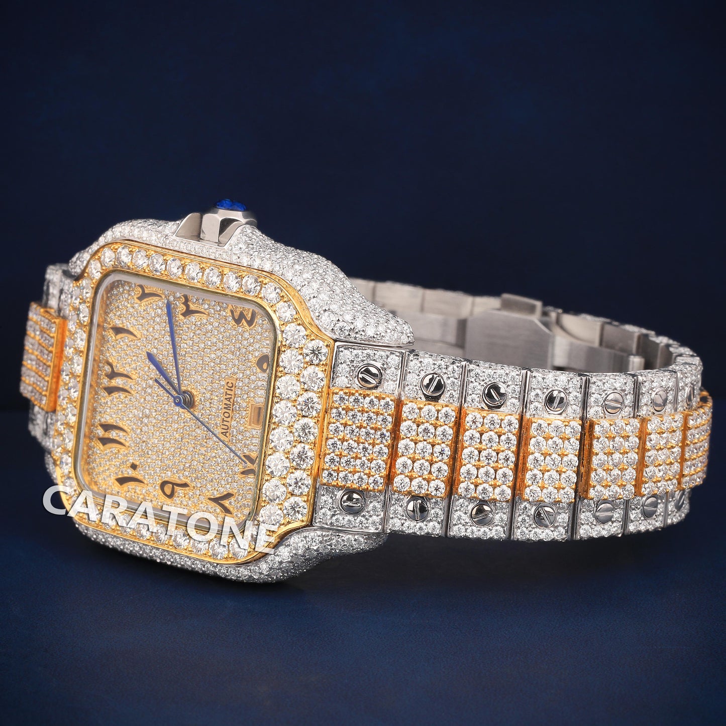 Full iced out Hip hop two tone branded watch with Arabic numerals with D VVS clarity