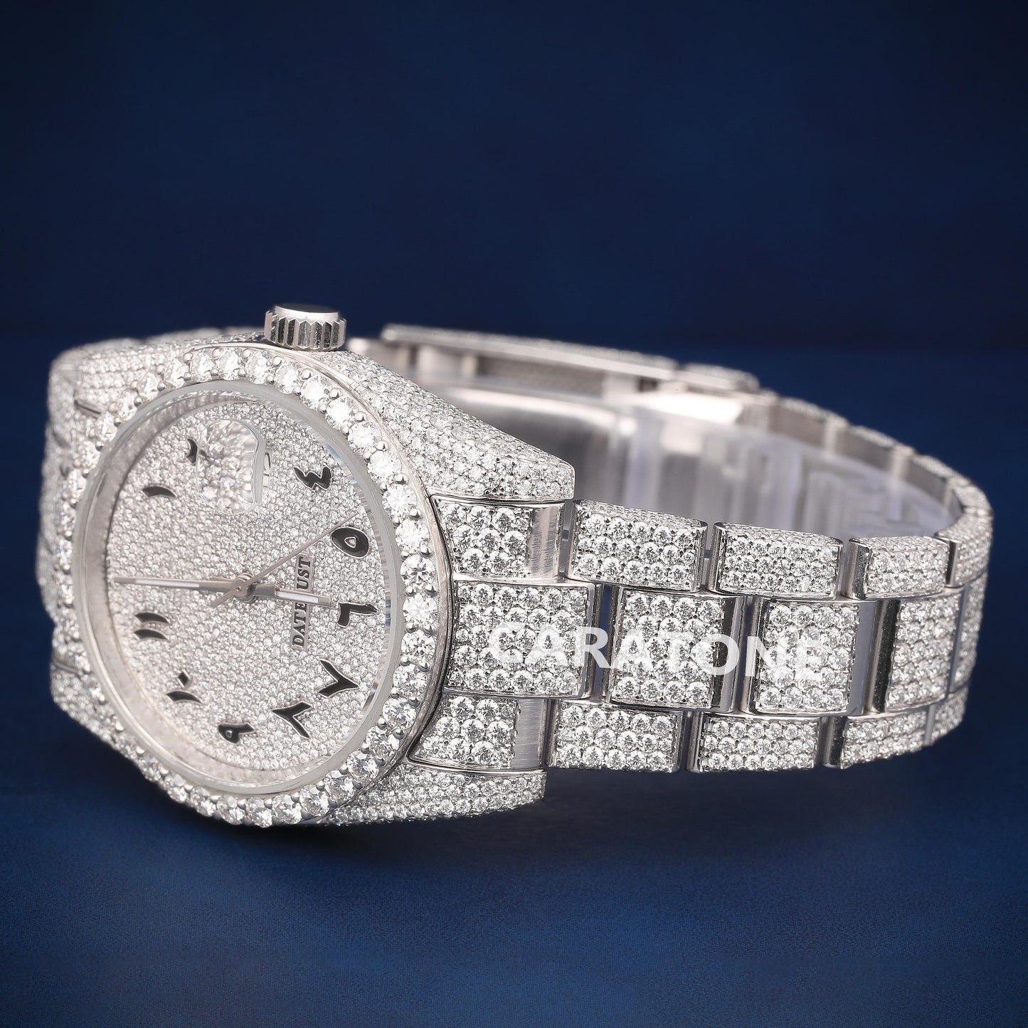 Full iced out Hip hop branded watch in silver tone with Arabic numerals