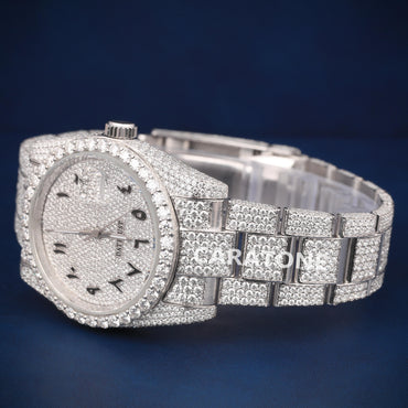 Full iced out Hip hop branded watch in silver tone with Arabic numerals
