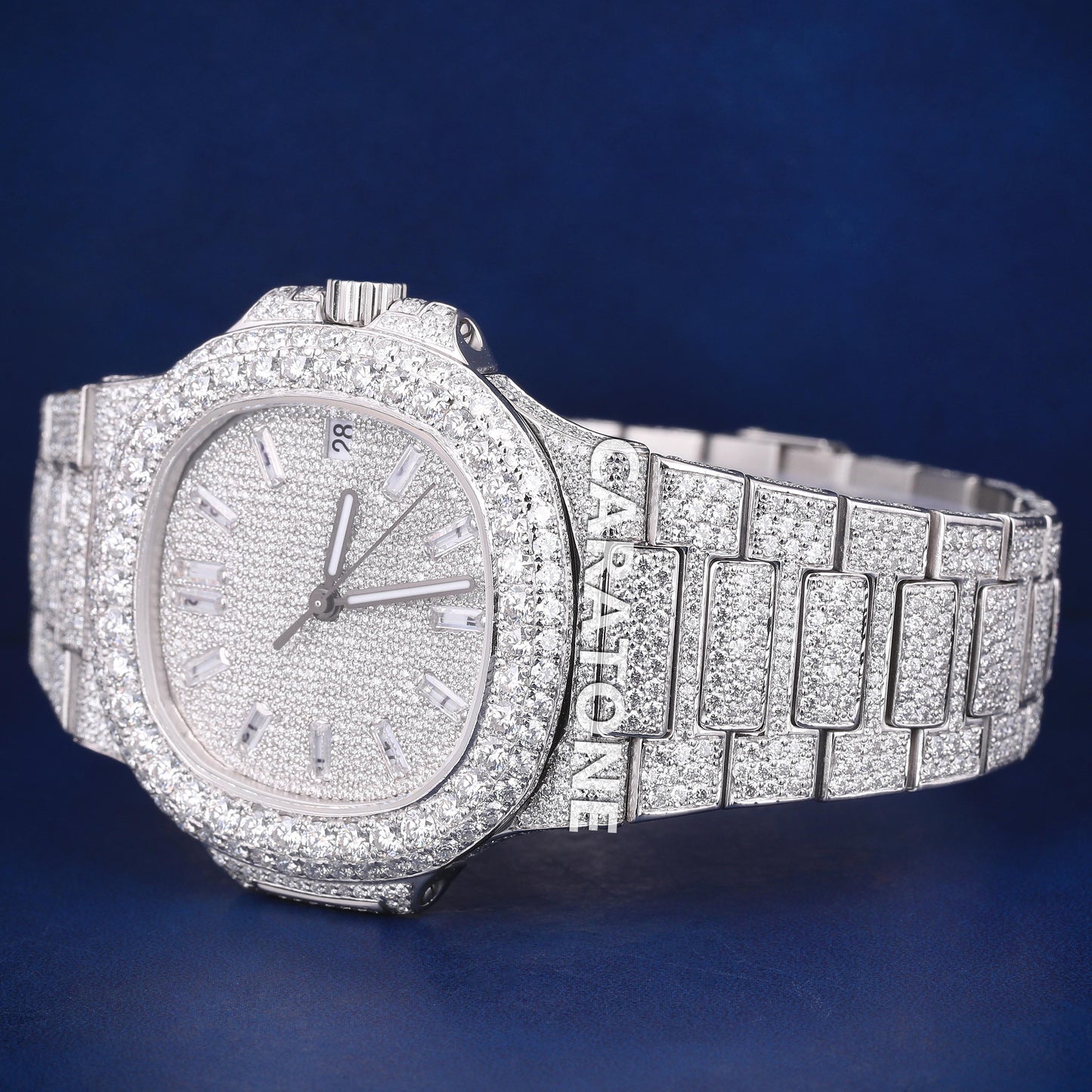 Fully white tone iced out hip hop custom made branded watch with baguette inside the dial