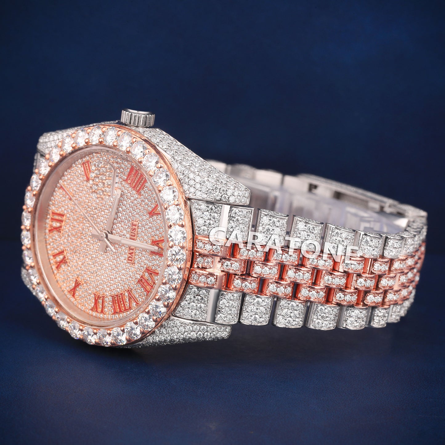 Full iced out Hip hop branded watch with two tone in Roman numerals with D VVS clarity