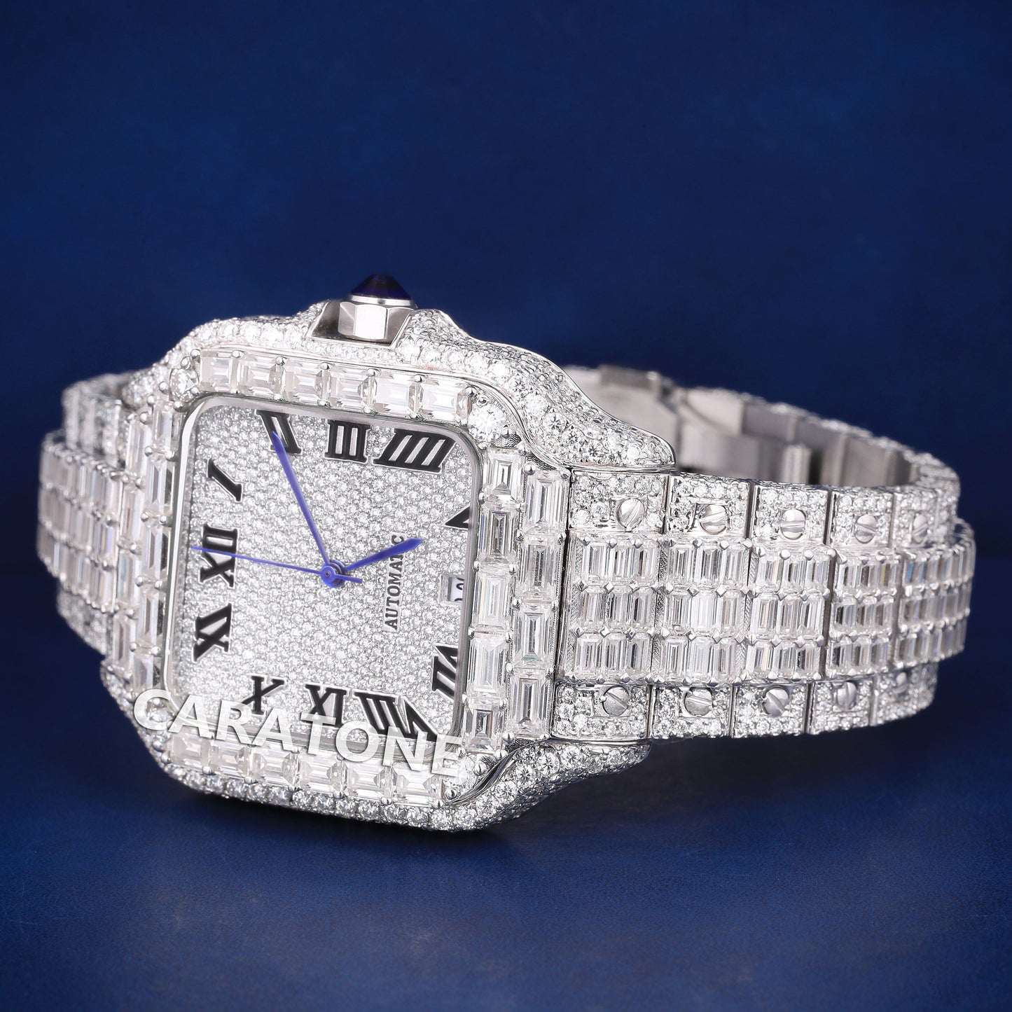 Full iced out hip hop custom made branded watch with round and baguette diamonds in white tone