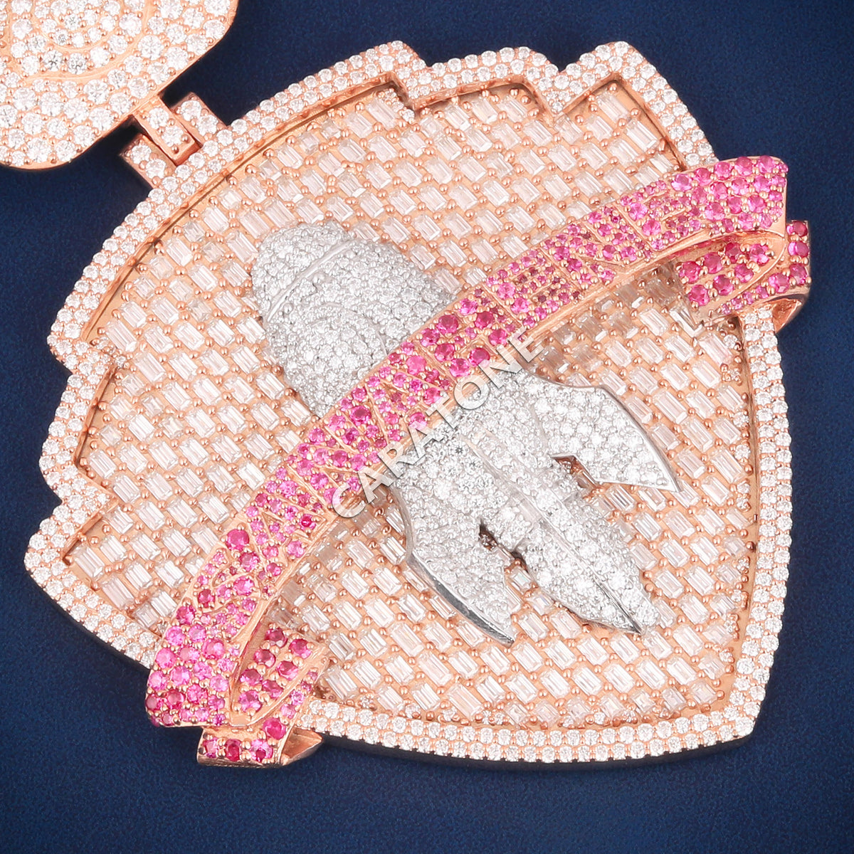 Two-Tone Spartan Shield Hip Hop Pendant with Pink Stone Banner & Lab Grown Diamonds