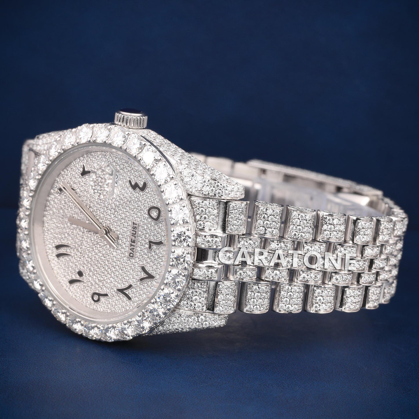 Hip hop Full iced out silver tone branded watch with Arabic numerals