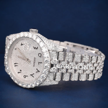 Hip hop Full iced out silver tone branded watch with Arabic numerals