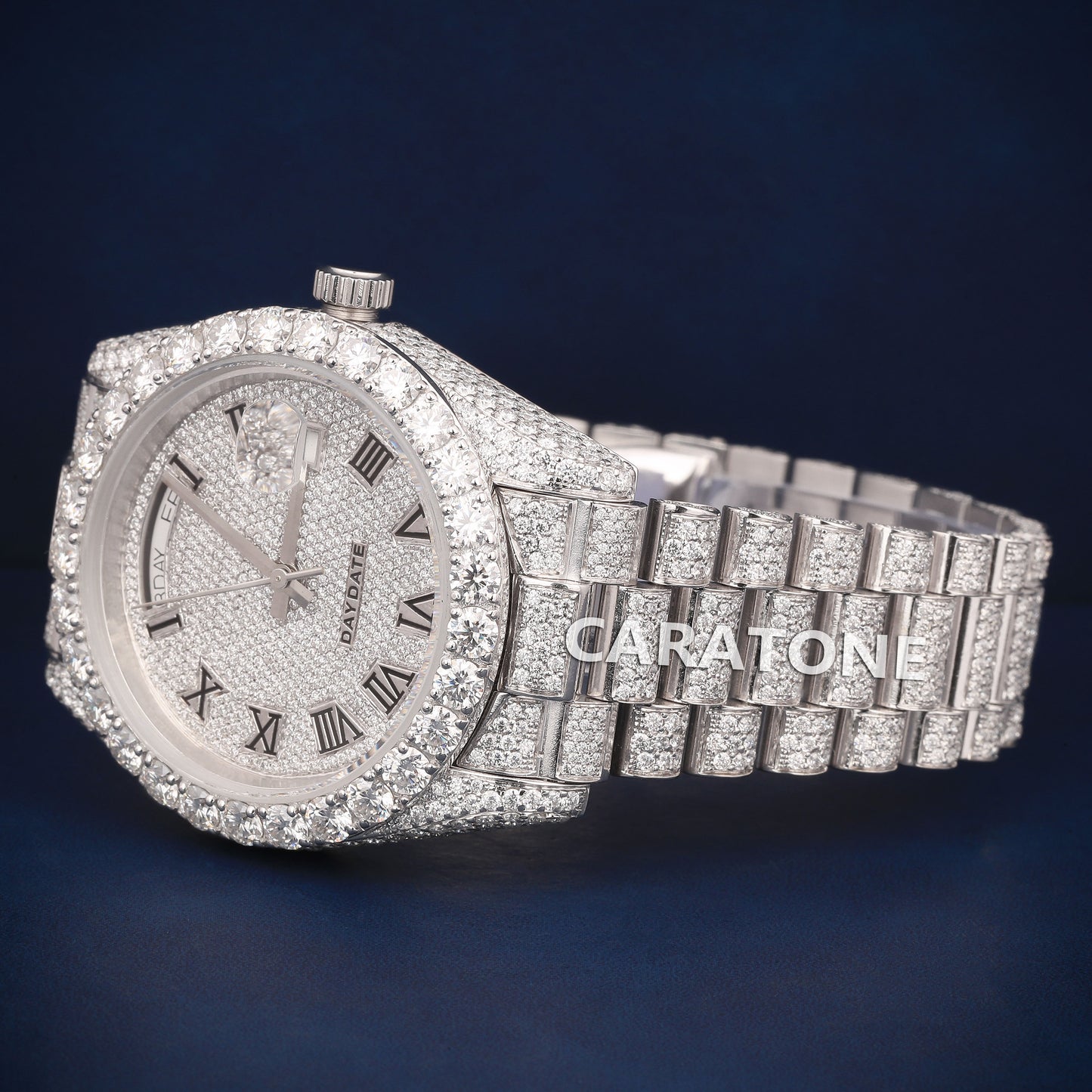 Full iced out Hip Hop branded watch in silver tone with D VVS CLARITY and diamond tester passed