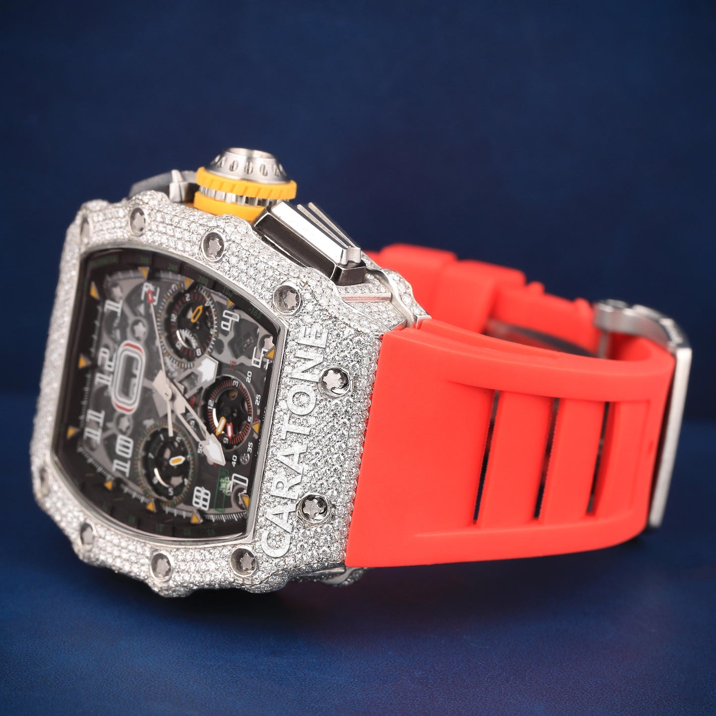 Red band half iced out without dial branded watch with D VVS Clarity