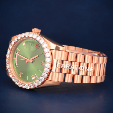 Half iced out without dial Hip hop branded watch in rose gold tone with green dial