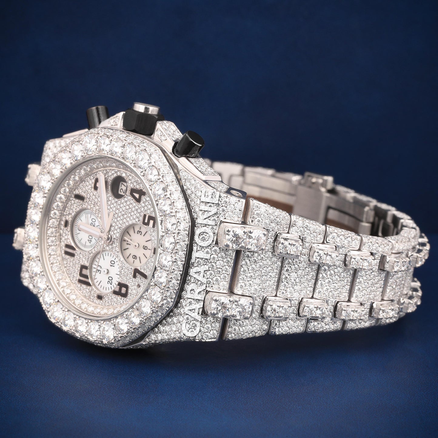 Full iced out Hip hop branded watch in silver tone with D VVS Clarity