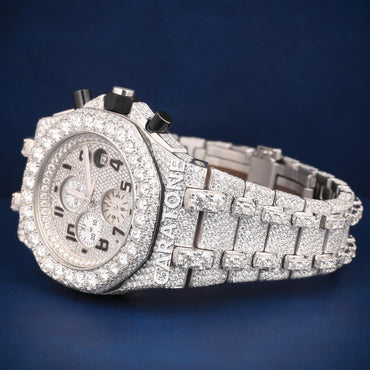 Full iced out Hip hop branded watch in silver tone with D VVS Clarity