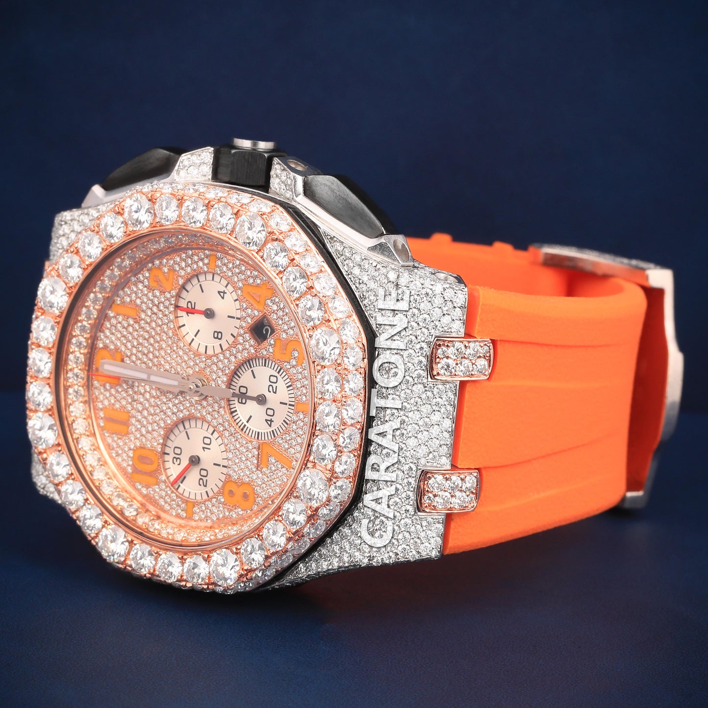 Half iced out dial Hip hop branded watch with orange Band