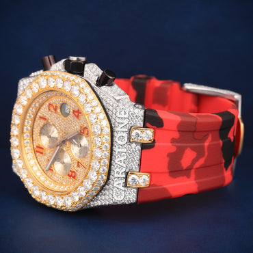 Half iced out Hip hop branded watch with Red Rubber Band with Two tone in bezel