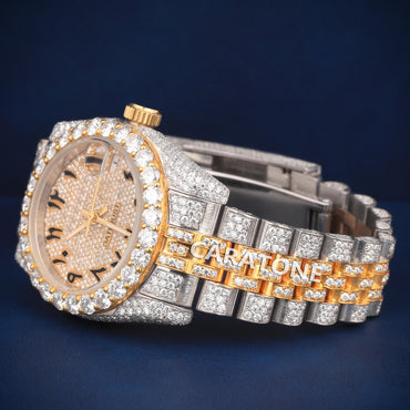 Full iced out Hip hop branded watch in two tone in Arabic numerals with D VVS clarity