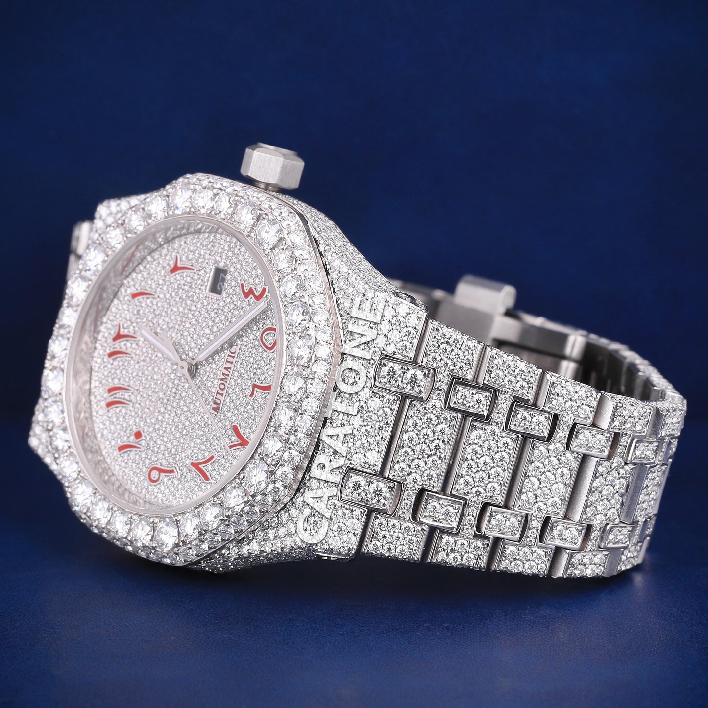 Fully white tone iced out hip hop custom made watch with red arabic numerals in it