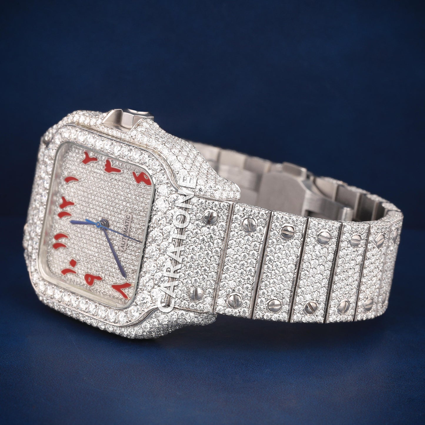 Full iced out Hip hop branded watch with Red Arabic numerals in it with diamond tester passed