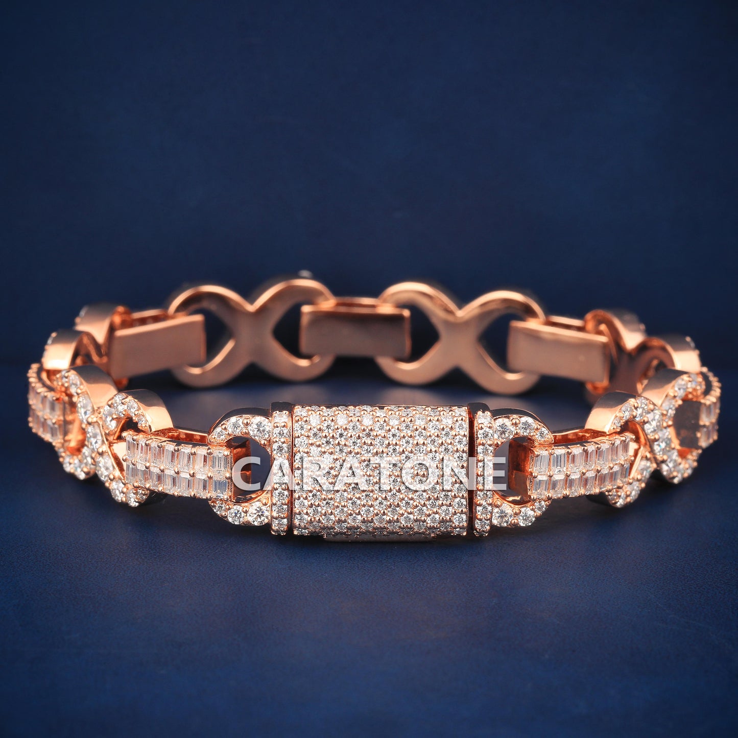 Rose Gold Infinity Bracelet Fully Iced Out with Baguette and Round Cut Diamonds for Hip Hop