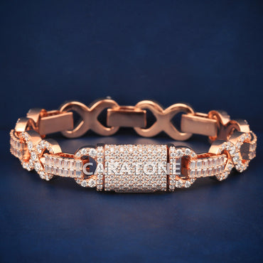 Rose Gold Infinity Bracelet Fully Iced Out with Baguette and Round Cut Diamonds for Hip Hop