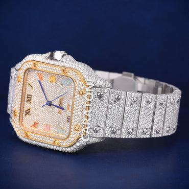 Two tone full iced out hip hop custom made watch with colourful roman numerals in it