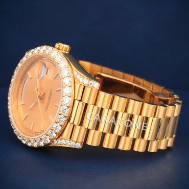 Half iced out without dial Hip hop branded watch in gold tone with D VVS clarity